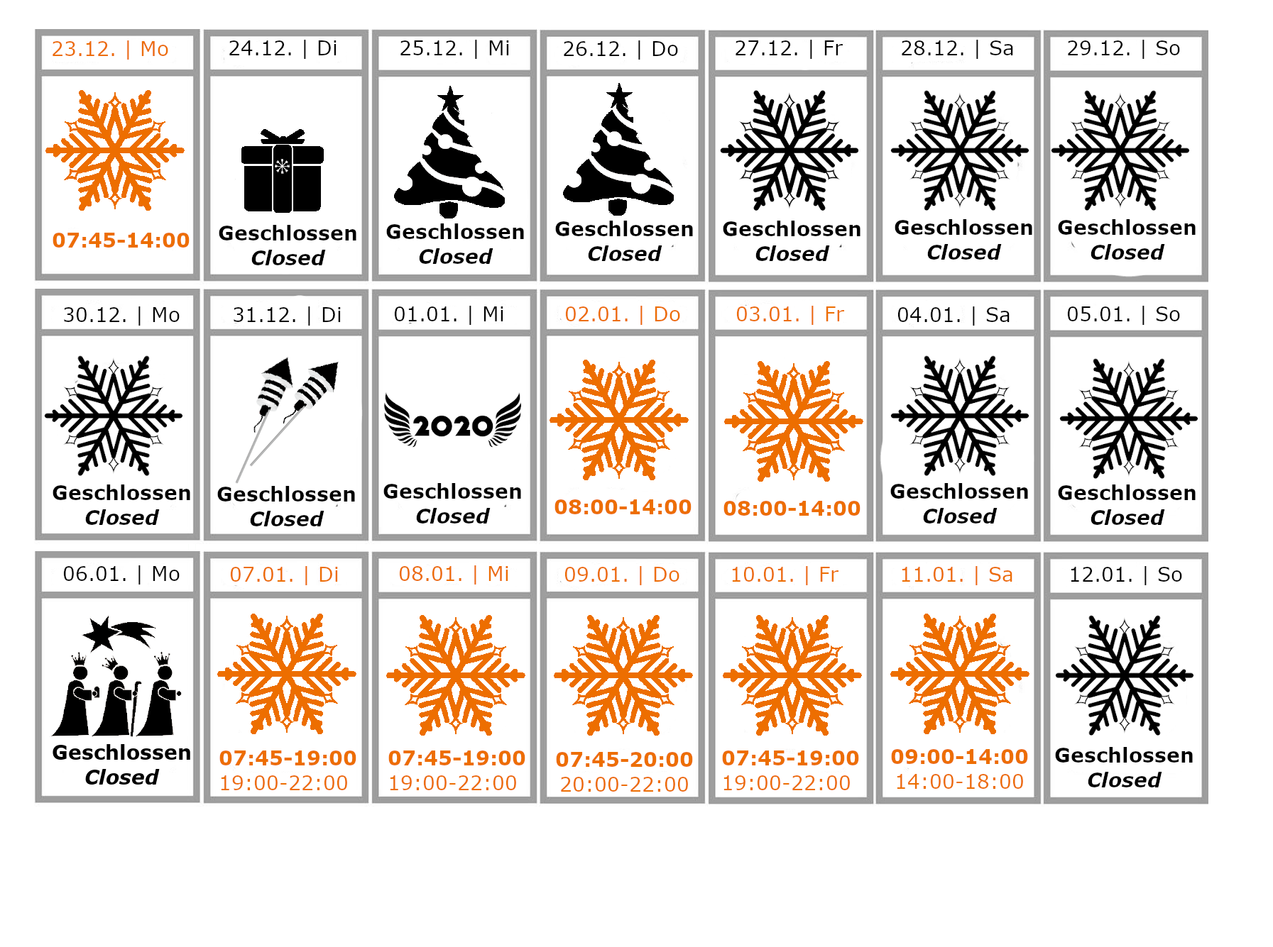 Öffnungszeiten in der Weihnachtszeit / Opening hours during Christmas